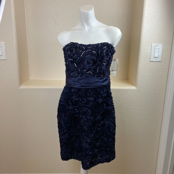 Badgley Mischka 100% Silk Ruffled Beaded‎ Strapless Corset Dress, Blue NWT 4 - Picture 5 of 16